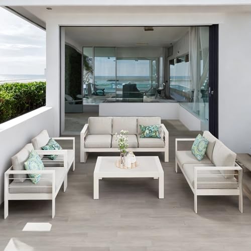 Solaste Aluminum Patio Furniture Set,7 Seats Modern Outdoor Conversation Set Sectional Sofa with Upgrade Cushion and Coffee Table,White