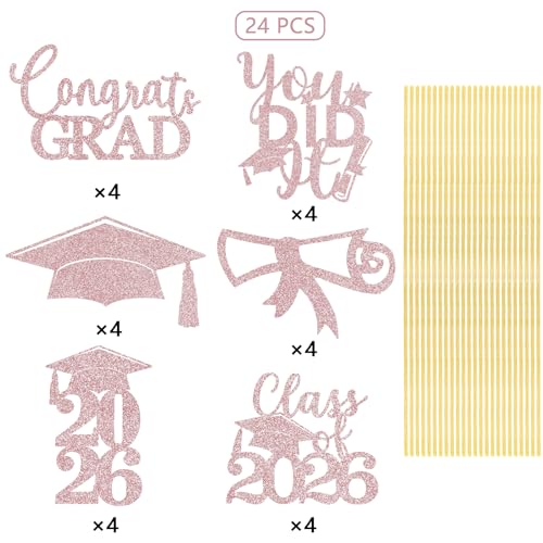 Image of Graduation Centerpiece Sticks 24PCS Glitter Grad Picks Party Table Decor Senior High School College Sign Rose Gold