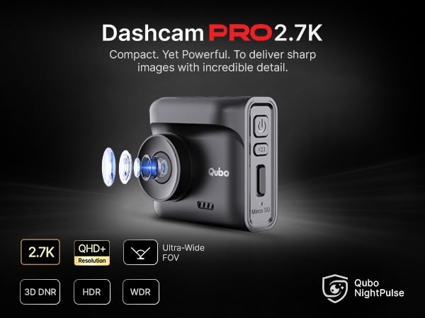 Image of Qubo Car Dash Cam Pro 2.7K by Hero Group | QHD+ | HDR | 2.7K 5MP | Wide View | NightPulse Vision | 2 inch LCD Display | GPS Logger | Supports Up to 1TB SD Card | Made in India