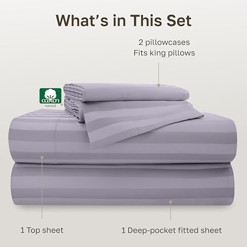Image of California Design Den - King Sheet Sets Deep Pocket, Soft 100% Cotton Sheets Deep Pockets Snug Fit Elastic, 500 Thread Count Sateen, Damask Stripe Bed Sheets (Stripe - Lavender)