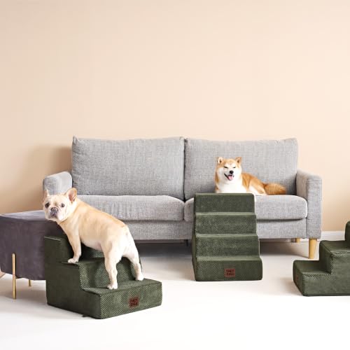 Image of EHEYCIGA Dog Stairs for Bed 18 inch H, 4-Step Extra Wide Dog Steps for High Bed, Pet Steps for Small Dogs and Cats, Non-Slip Balanced Pet Ramp Indoor, Military Green