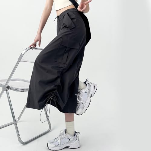 Women High Waist A Line Cargo Long Skirt with Flap Pockets Ruched Drawstring Back Split Long Skirts Streetwear Black3
