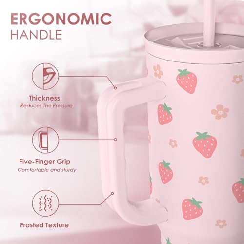 Image of SANDJEST Strawberry Tumbler with Handle 40oz - Insulated Stainless Steel Travel Coffee Mug Cup for Girls Women, Gift for Christmas, Birthday