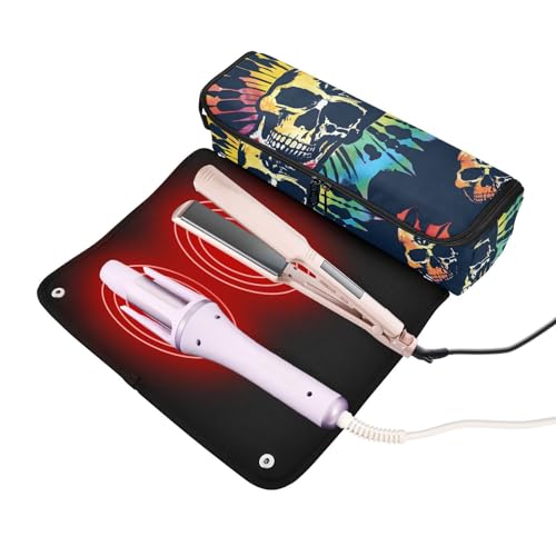 Organizador portátil para herramientas de peinado con diseño tie dye de calavera y tapete resistente al calor para planchas alisadoras, rizadores y otras herramientas de estilizado miniatura 2