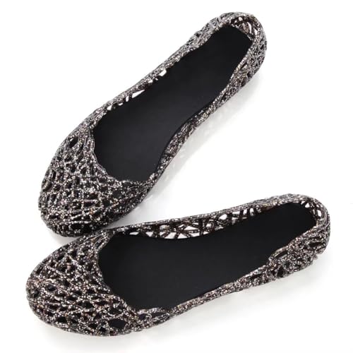 Image of Stunner Women Beach Jelly Shoes Slip On Crystal Summer Hollow Ballet Flats | Summer Cool PVC Breathable Outdoor Indoor Dressy Flat Sandals for Holiday Shopping Spa Swimming Pool