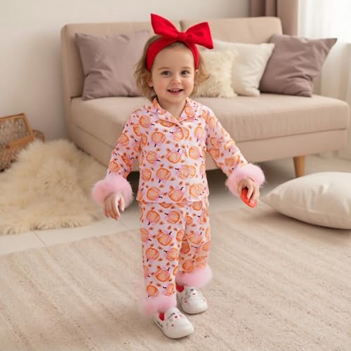 Kuriozud Toddler Girl Halloween Pajamas Pumpkin Silk Satin Sleepwear Little Girls Bow Pjs Baby 2Pcs Halloween Pajama Set2
