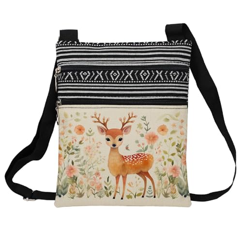 Floral Deer Messenger Bag Small Ethnic Pattern Printed Adjustable Strap Crossbody Zipper Bag Floral Deer Phone Bag Wallet Cute Shoulder Handbag for Women Friends -1