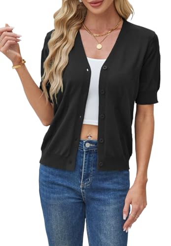Yekaty Short Sleeve Cardigans for Women Lightweight Summer Sweaters Cropped V Neck Button Bolero Sweater