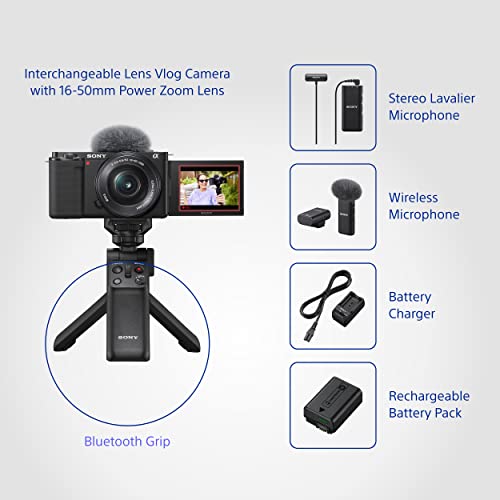 Image of Sony ZV-E10L Vlogging Kit with 16-50mm Power Zoom Lens, Wireless Microphone(ECM-W2BT), Lavalier Microphone(ECM-LV1), Bluetooth Grip(GP-VPT2BT), Battery Charger (BC-TRW), Rechargeable Battery(7)