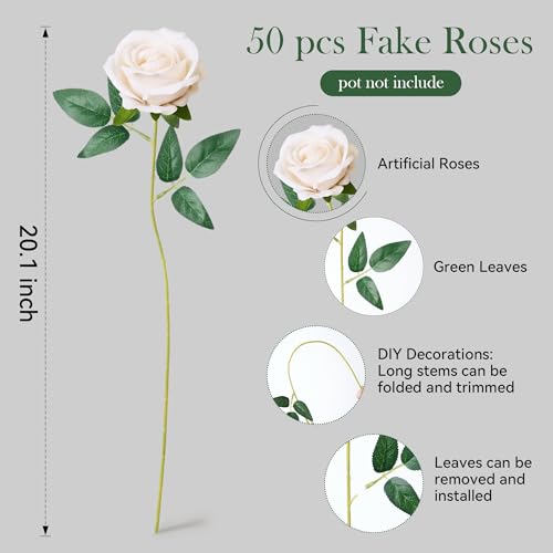 Image of INSPRING 50 PCS Champagne Roses Artificial Flowers with Long Stems | Real Looking, Fake Roses, Silk Flowers, DIY Bouquet, Wedding Party Celebration Home Bridal Decoration Gift, for Her Wife