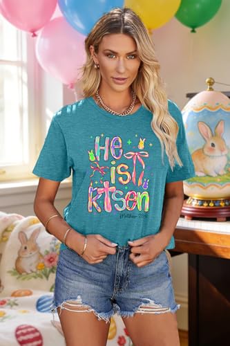 Image of Ithalt Easter Shirts for Women He is Risen Tshirt Easter Christian T-Shirt Jesus Lover Short Sleeve Tops