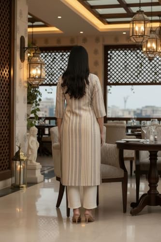 Image of Saanjh Women's Fit Straight Cotton Blend Long Kurta, 3 /4 Sleeve, Knee Length Kurtis, Casual and Office Wear