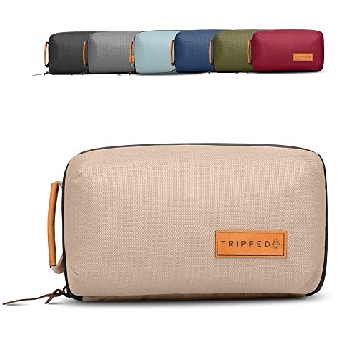 TRIPPED Travel Gear Tech Bag Organizer - Small Electronics Organizer Pouch for Travel - Premium Travel Case with Leather Accents - Mesh Pocket for Cables, Cords and Chargers (Tan)