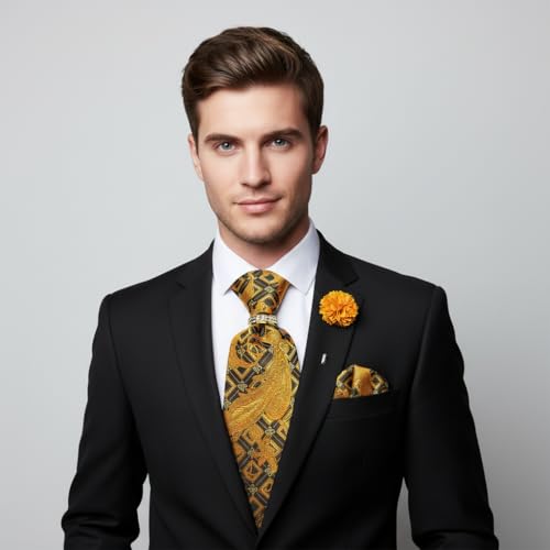 Image of 5PCS Tie and Pocket Square for Men, Silk Necktie and Handkerchief Cufflinks with Gold Ring and Lapel Pin Set