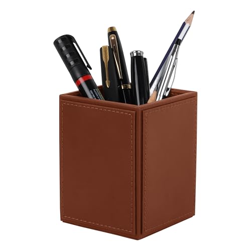 V-CUBE DESIGNS Premium Vegan Leather Pen Holder for Desk & Study Table Accessory | Marker/Pencil Stand for Student | Stationery Organizer for Office Table & Home | 6mm Thickness with MDF Core | Tan