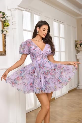 V Neck Floral Homecoming Dresses for Teens Backless Ruched Graduation Dress Puffy Sleeves A Line Short Prom Gowns2