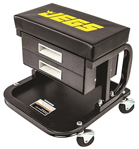 JEGS Mechanic Seat With Drawers and Tool Tray | 300 LBS Capacity | Black Finish with JEGS Logo | Padded Seat | 4 Caster Wheels