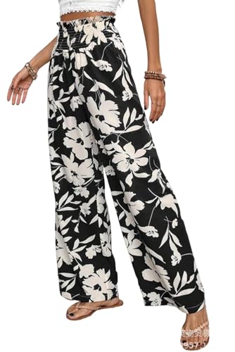 SELINK Casual Loose Pants for Women Boho Floral Print Smocked High Waist Straight Wide Leg Elastic Daily Trousers