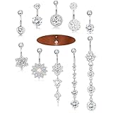 JOERICA 10Pcs 14G 316L Stainless Steel Belly Button Rings for Women Flower CZ Dangle Belly Button Rings Navel Piercing Jewelry