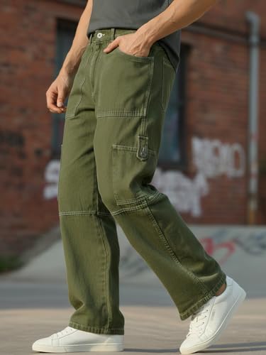 Image of Urbano Fashion Men's Loose Mid Rise Baggy Fit Washed Cargo Jeans with 6 Pockets Non-Stretchable