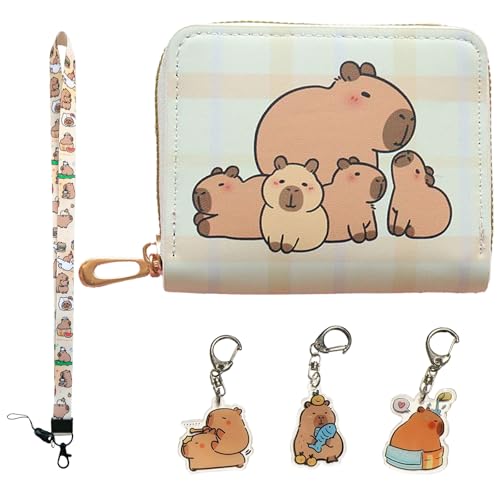 ZenyTra Capybara Geldbörse Kinder Jungen Mädchen: Mit Trageband und 3 Schlüsselanhängern | PU Leder Optik Kinder Portemonnaie Jungen，Schule, Reisen & Freizeit