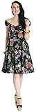 Das Noa Noa Kleid von Hell Bunny ist ein wunderschönes, tropisch angehauchtes Swingkleid, dessen Schnitt vom Stil der 1950er Jahre inspiriert ist Schwarzes Vintage Kleid mit Papageien, Palmen, Tiki Figuren und Hibiskusblüten in kontrastierenden Farben als Muster Gesmokter U-Boot-Ausschnitt, der auch als Carmen-Ausschnitt getragen werden kann Niedliche Puffärmelchen mit Gummibündchen für optimalen Sitz Mittig am Ausschnitt eine Knotenschleife Ein breiter, leicht spitz zulaufender Tailleneisn