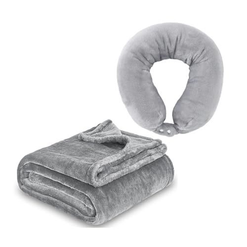 JIAHG 2 en 1 Couverture et Oreiller de Voyage Flanelle Moelleux d'Intérieur Extérieur Couverture de Canapé Lit Sieste pour Bureau Maison Voiture Camping, 125 * 150 cm, en Toute Saisons