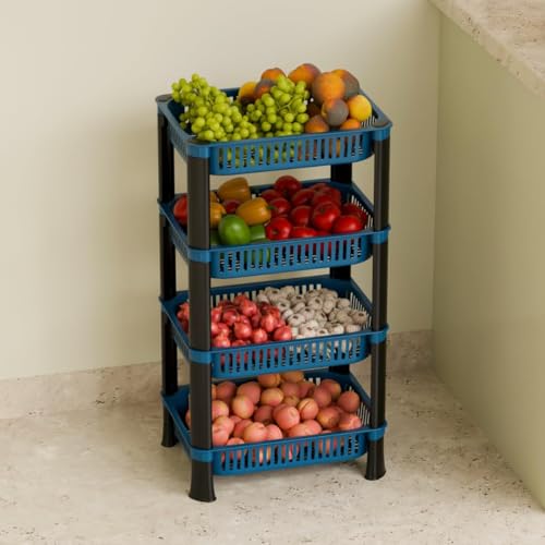 Image of Multipurpose Plastic Storage Rack for Kitchen | Foldable Vegetable & Fruit Organizer Stand for Onion, Potato, Sabji | Countertop Multi-Layer Basket Rack for Home, (Blue, 4 layer)