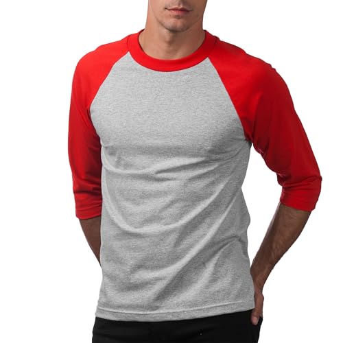 Camiseta de Béisbol para Hombre Pro Club de Manga 3/4 con Cuello Redondo, Gris Jaspeado/Rojo, Talla M miniatura 4