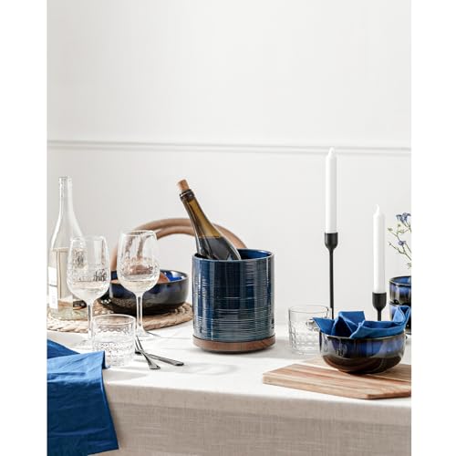 Image of Utensil Holder, 360 Rotating Extra Large Ceramic Kitchen Utensil Holder for Countertop, 7.3 inch Cooking Utensil Crocks for Kitchen Counter with Rotatable Wooden Base, Farmhouse Decor, Dark Blue