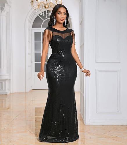 Image of Cololura Women Sexy Sequin Mesh Perspective Bodycon Party Cocktail Evening Gown Maxi Dress