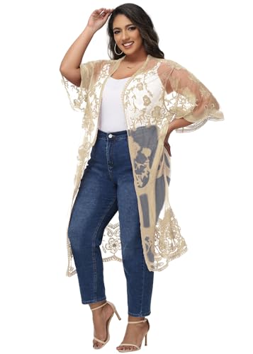Image of Anna-Kaci Women's Plus Size Lace Cardigan Embroidered Long Kimono Dusters with Half Sleeves