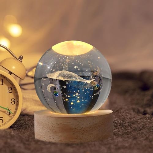 Image of 3D Whale Crystal Ball Night Light Lamp with Wooden LED Base - USB Powered Decorative Mood Light for Bedroom, Gifts for Kids, Women, Men, Home Decor (Whale Crystal Light)