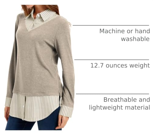 Image of Oyamiki Women's Casual Collared Curved Hem 2 in 1 Pullover Tops Plaid Contrast Shirt Blouse