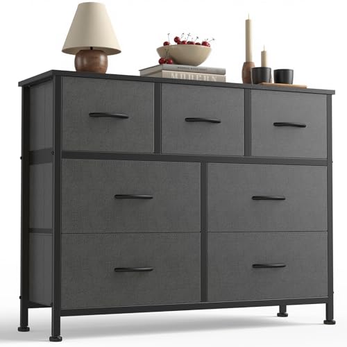 Sweetcrispy 7 Drawer Dresser with Fabric Bins Fabric Storage Tower Organizer for Bedroom Closet Hallway Entryway Tall Chest of Drawers with Steel Frame Wood Top Easy Pull Handles,Dark Gray