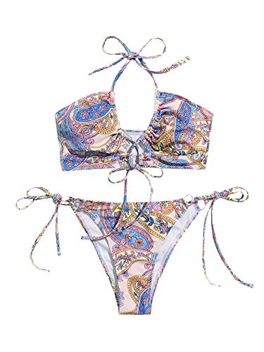 SOLY HUX Women's Printed Swimsuits Halter Top and Tie Side Bikini Bathing Suit Paisley S