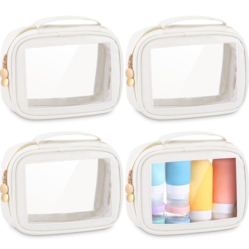 Kigeli 4 Pcs Clear Makeup Bags for Car Essential, Waterproof Clear Travel Toiletry Organizer Leather Makeup Bags with Handle Zipper, Small Cosmetic Pouch Set for Women Car Gift(White)