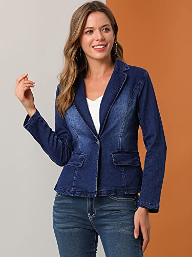 Allegra K Women's Notched Lapel One Button Long Sleeve Washed Business Denim Blazer3