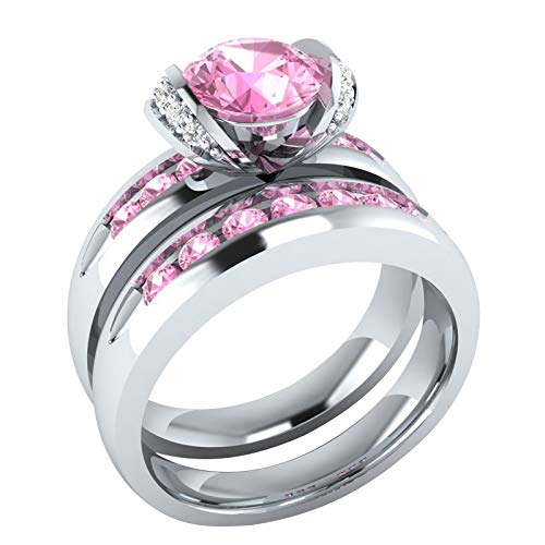 Round Birthstone Diamond Engagement Band Ring Set Stackable Crystal Eternity Bands Bridal Engagement Ring Matching Wedding Band Set