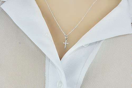 Belantina 1/20 Carat Diamond Mini Cross Pendant Necklace For Women In 14K White Gold On 18 Inch Chain (H-I, I1-I2, Cttw) Spring Ring #TOP1