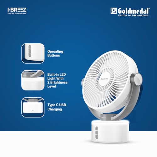 Image of Goldmedal I-Breez 200 mm Portable Desk Fan | 45 Head Tilt | Type-C USB-Powered Rechargeable Battery with 8-9 Hours Backup | 2-Light Brightness Setting | Personal Fan for Home & Office (White-Grey)