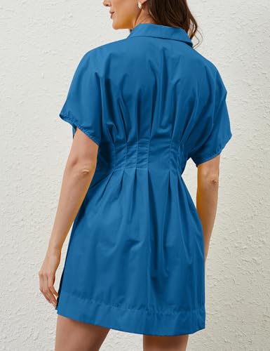 Image of MISSACTIVER Women Pleated Button Down Shirt Dress Short Sleeve Striped Corset Mini Dresses Casual Summer Short Dress