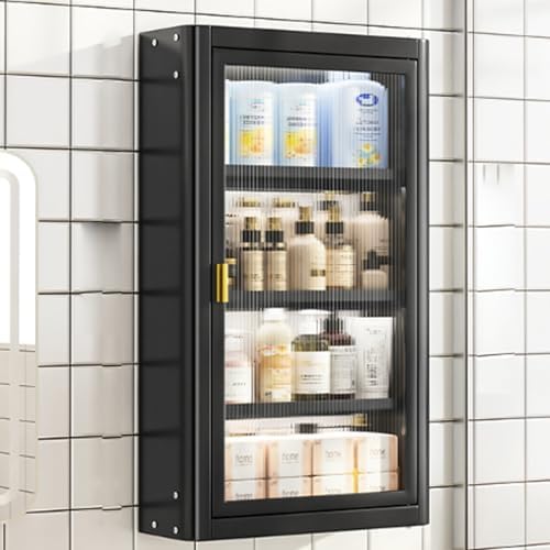 Wall-Mounted Bathroom Cabinet - 2-4 Layer Over Toilet Storage Organizer with 2 Acrylic Doors, Ideal for Cosmetics & Kitchen Essentials, No Tools Needed (Black, 40x14x71cm)