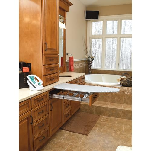 Image of Rev-A-Shelf Pull Out Adjustable Folding Retractable Ironing Board w /Ball-Bearing Slide for Bathroom /Closet Vanity Cabinet Drawer, Gray, VIB-20CR