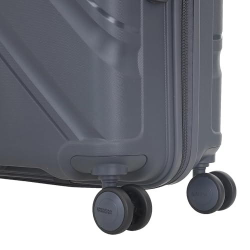 Image of American Tourister Trolley Bag with TSA Lock,8 Wheel, Wet Pouch,Mesh Pocket and Shoe Bag,Hard-Sided PC Suitcase /Trolley Bag with Double Spinner Wheel -Dark Slate (65 CM)