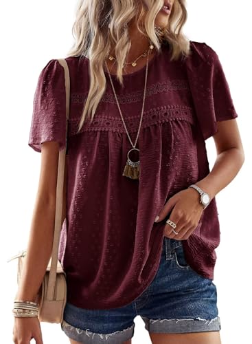 Image of Falechay Womens Summer Tops Crewneck Short Sleeve Shirts Casual Chiffon Blouses Flowy Lace Hem Boho Clothing Trendy 2026