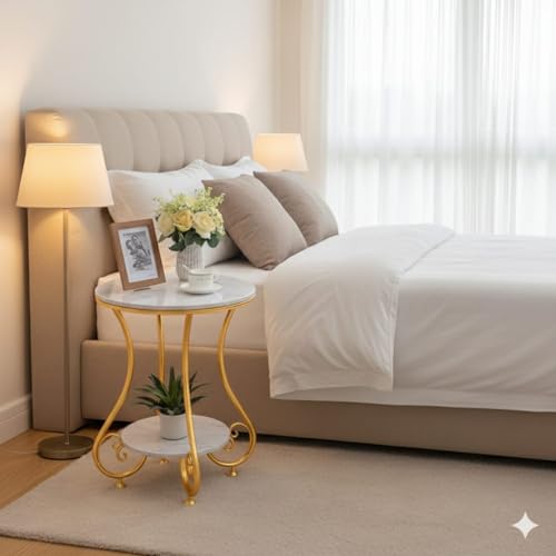 Shanash Enterprises Iron Handmade Side Table for Living Room, End Table with Marble Top Round Shape Coffee Table for Bedroom 2-Tier Bedside Table...