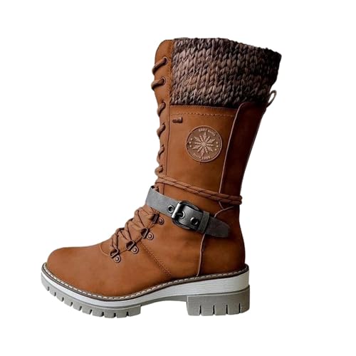 ZDLJYL Women Buckle Lace Knitted Mid-calf Boots,...
