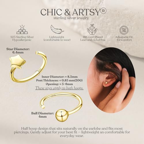 Image of CHIC & ARTSY 925 Sterling Silver Half Hoop Earrings for Women, Small Huggie Hoops Set with Ball Bar Star Moon Cross & Pearl, Lightweight Comfort Fit Everyday & Sleep Earrings