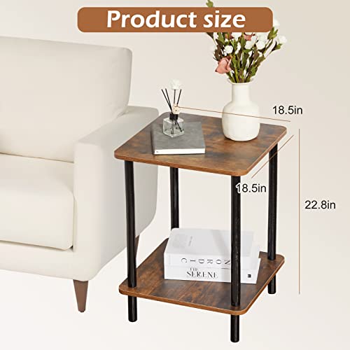Quick Horse 2-Tier Side Table With Natural Wood Legs, Small Coffee Table, Nightstand For Bedroom, Living Room, Small Spaces (Rustic, 15.7" X 15.7" X 21.3") #TOP1